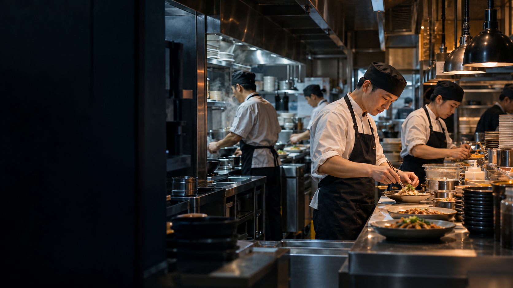 A modern Chinese restaurant kitchen team at work